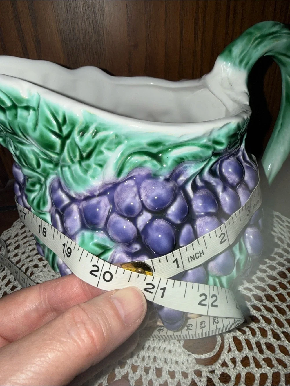 Hand-Painted Grape Ceramic Pitcher in Green, Purple and Tan